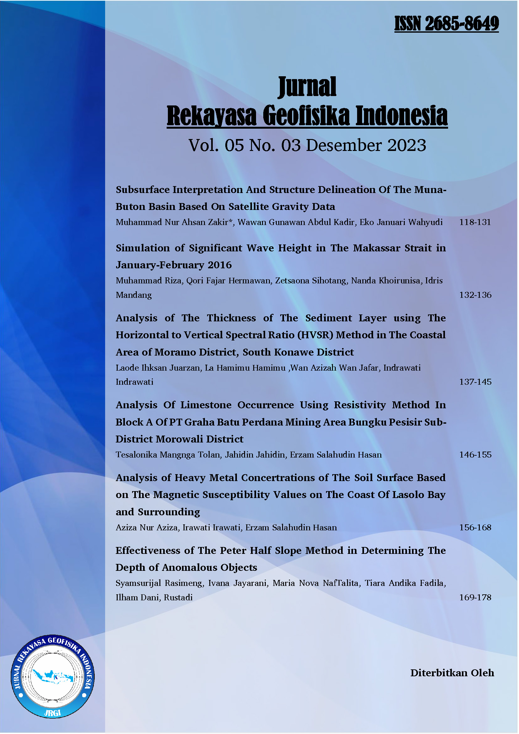 					View Vol. 5 No. 03 (2023): Edisi Desember Jurnal Rekayasa Geofisika Indonesia (JRGI)
				